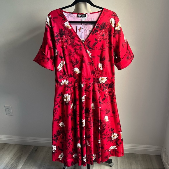 Lady Voluptuous 14 US / 18 UK Estrella Vintage Inspired Red Floral Dress - Picture 1 of 14